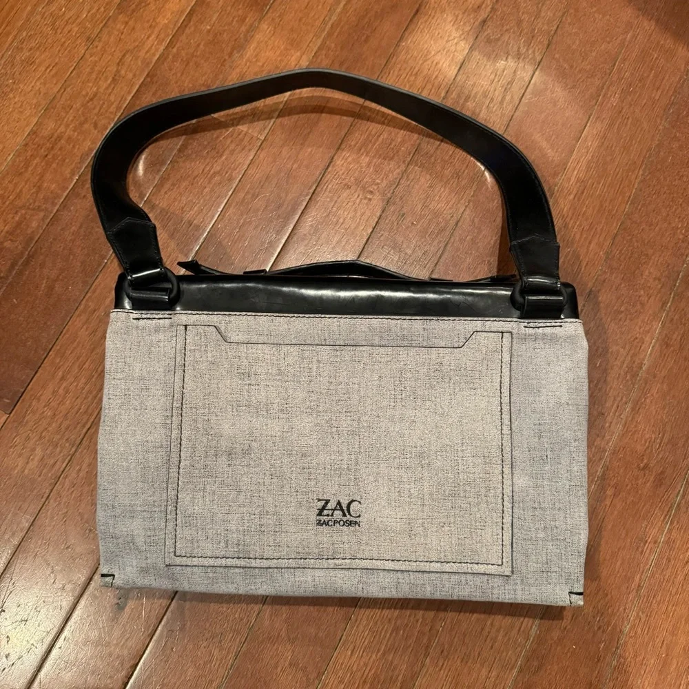 Zac Posen Grey and Patent Leather Black Shoulder Bag